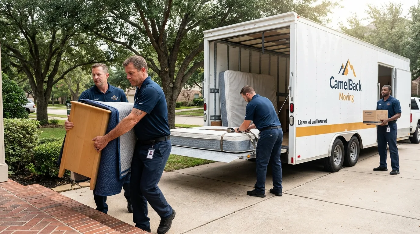 Crew loading residential truck for cross-state move from Alhambra, CA