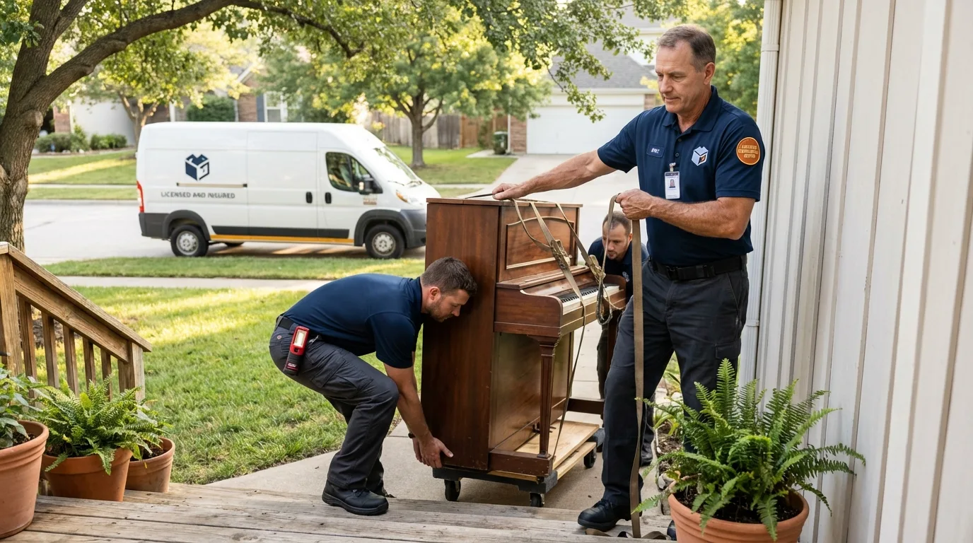 Licensed piano movers securing grand piano in Alhambra, CA